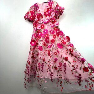 Aveloria Rosie Midi Maxi Dress Pink Floral Embellished XL Layered Bubble Sleeve